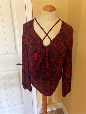 Red Snake-Print Long Sleeve Top with Crisscross Neckline